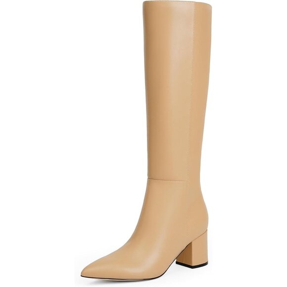 Shoes - Women's Nude Chunky Heel Knee High Pointed Toe Side Zipper Long Boots